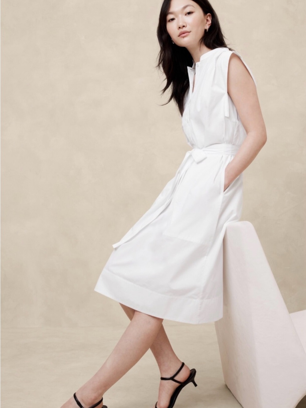 Banana Republic White Sleeveless Tie-Waist Midi Dress